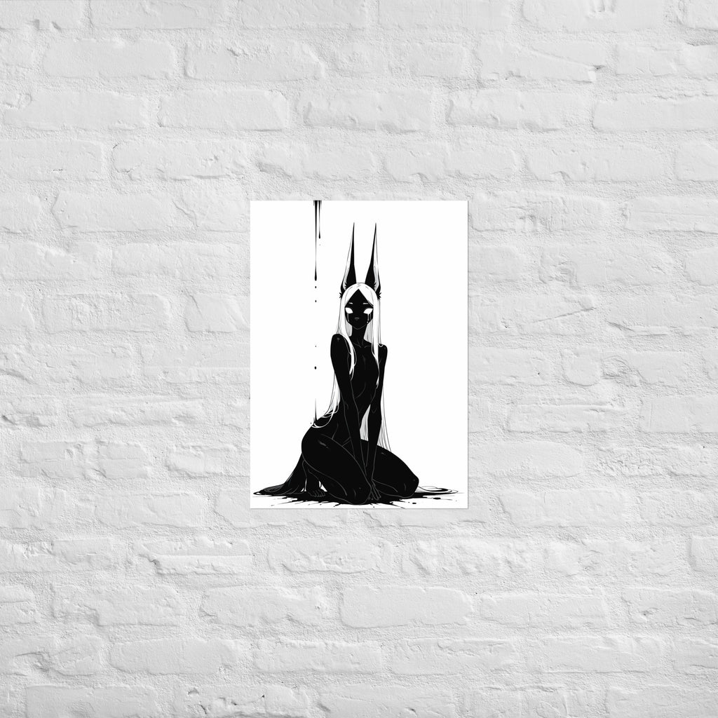 Affiche dark fantasy Limène, chacal anthropomorphe noir et blanc, assise, oreilles dressées, larme sur le masque, collection Les silences qu'on porte – format A2
