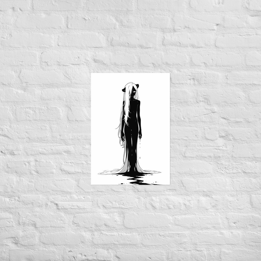 Affiche dark fantasy Ternelle, lionne anthropomorphe noir et blanc, debout, chevelure en traîne, sillage d'encre au sol, collection Les silences qu'on porte – format A2