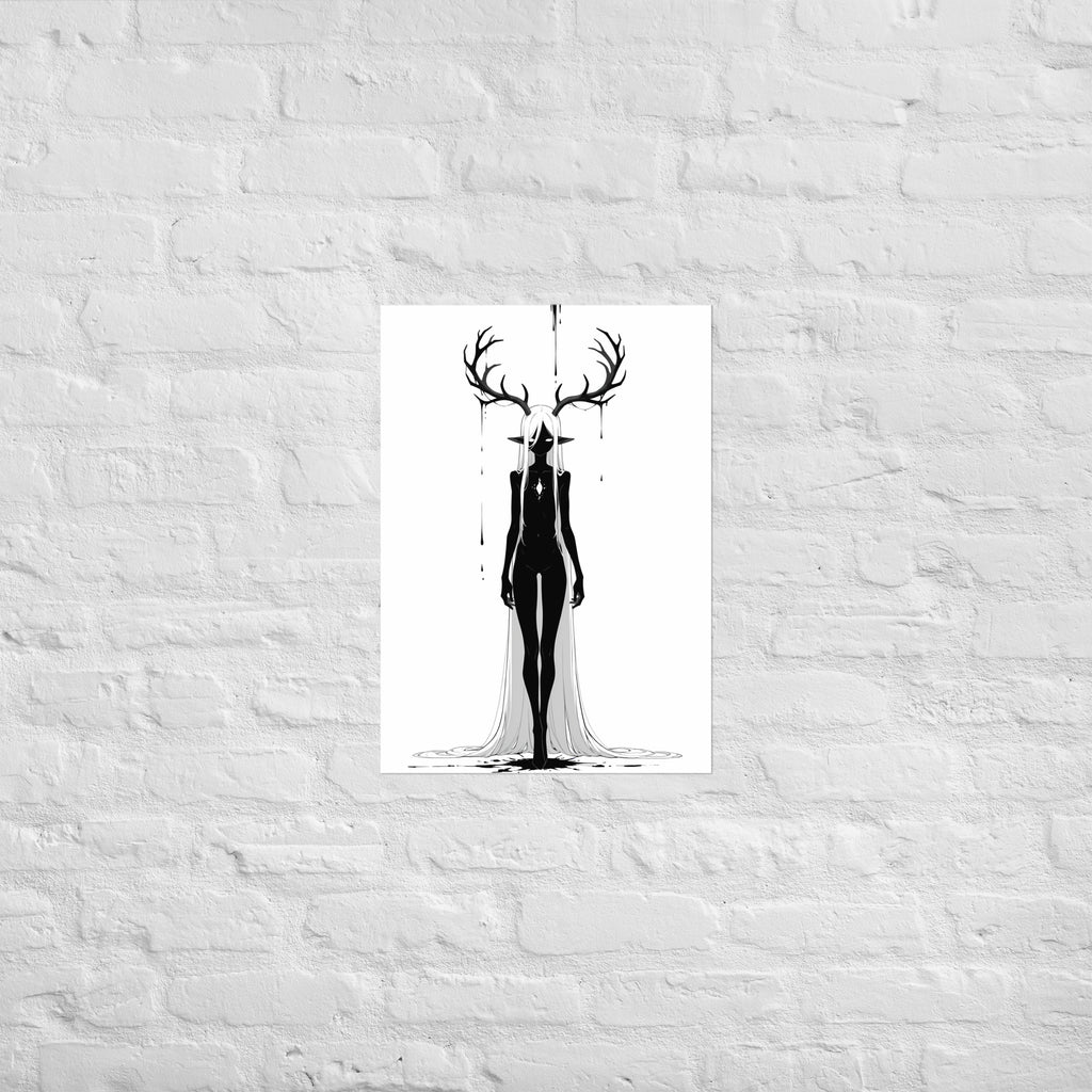 Affiche dark fantasy Doléa, biche anthropomorphe noir et blanc, bois ruisselants d'encre, étoile pâle sur la poitrine, collection Les silences qu'on porte – format A2