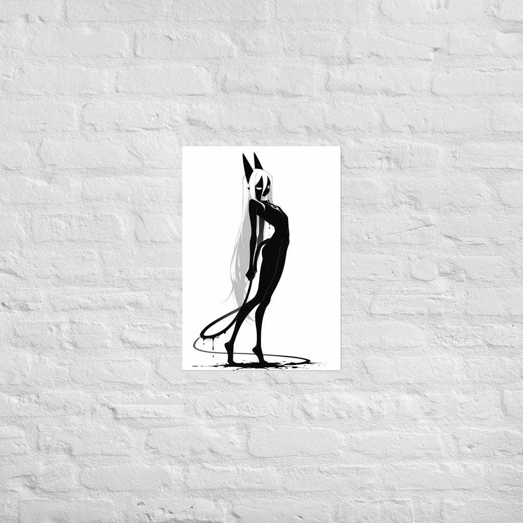 Affiche dark fantasy Closane, chat anthropomorphe noir et blanc, s'éloignant, fouet traînant au sol, collection Les silences qu'on porte – format A2