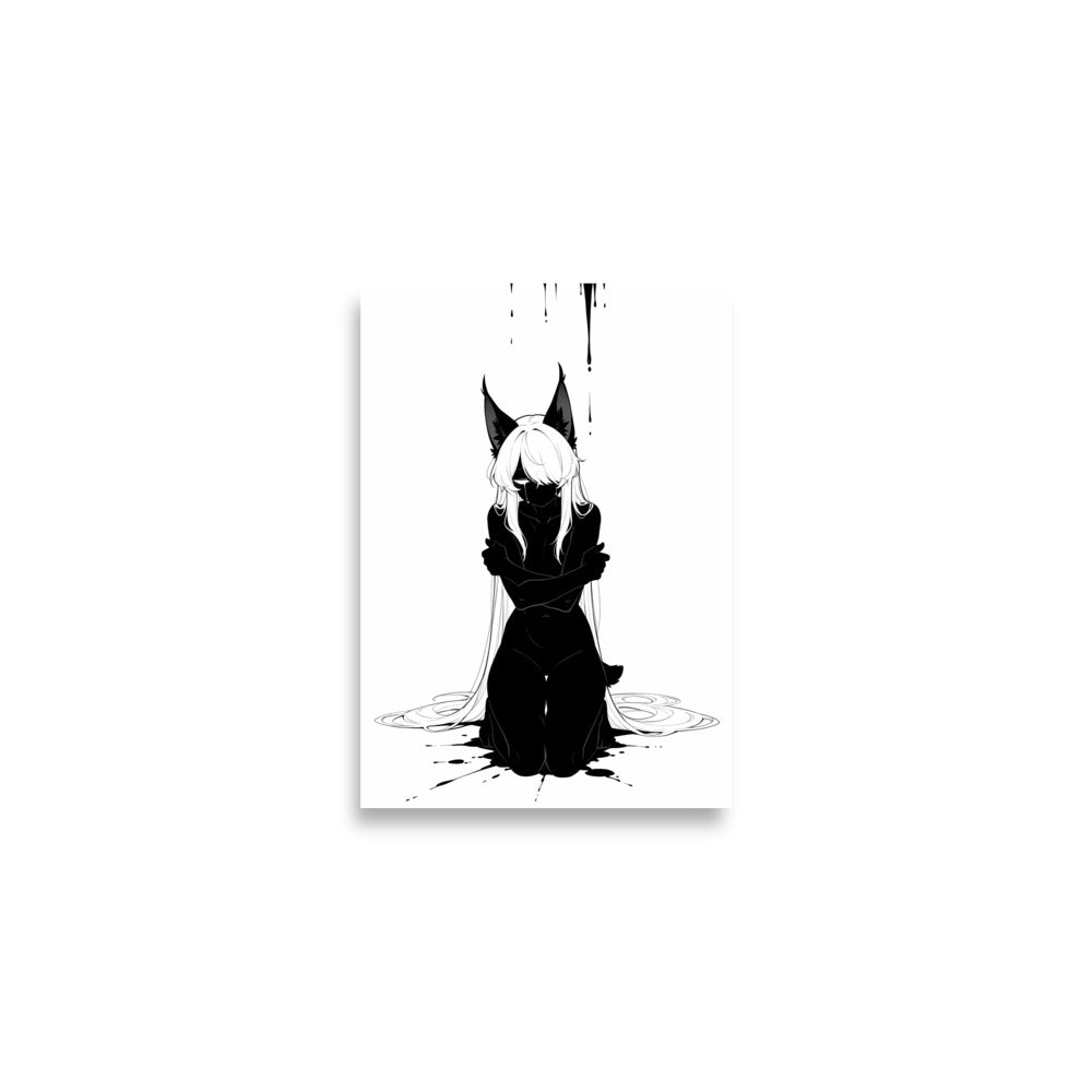 Affiche dark fantasy Lucidia, lynx anthropomorphe noir et blanc, agenouillée, bras croisés, encre en cercles au sol, collection Les silences qu'on porte – format A2