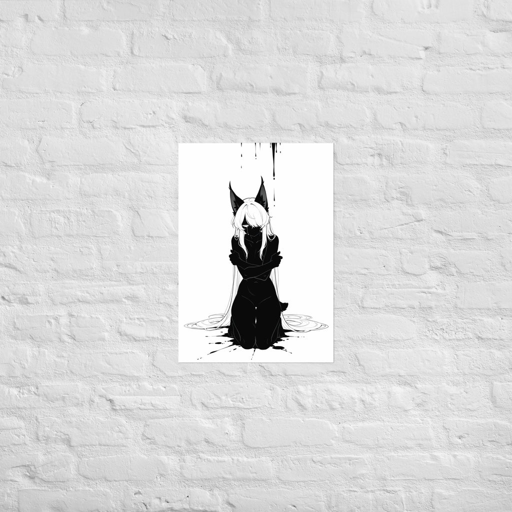 Affiche dark fantasy Lucidia, lynx anthropomorphe noir et blanc, agenouillée, bras croisés, encre en cercles au sol, collection Les silences qu'on porte – format A2