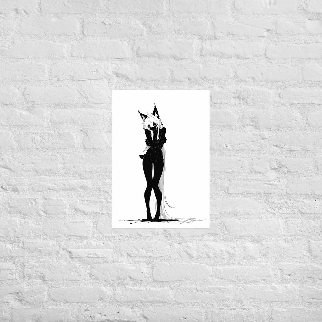 Affiche dark fantasy Lucidia, lynx anthropomorphe noir et blanc, debout, bras croisés, fil d'encre au sol, collection Les silences qu'on porte – format A2