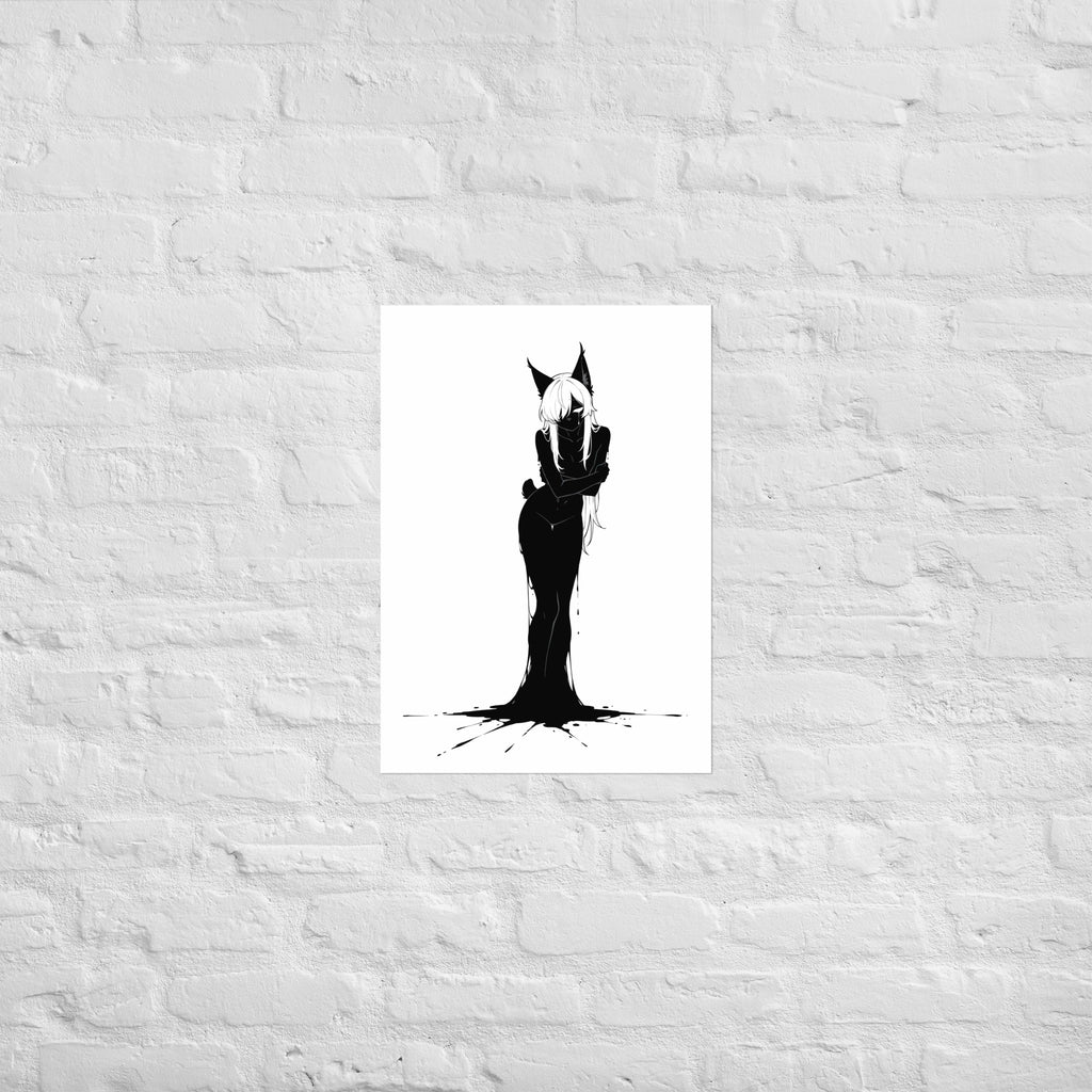 Affiche dark fantasy Lucidia, lynx anthropomorphe noir et blanc, penchée, bras croisés, encre éclaboussée au sol, collection Les silences qu'on porte – format A2