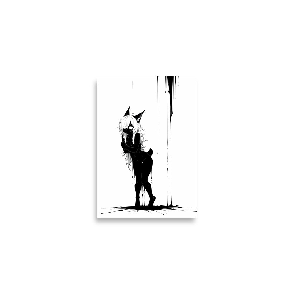 Affiche dark fantasy Lucidia, lynx anthropomorphe noir et blanc, debout bras croisés sous une pluie d'encre – format A2