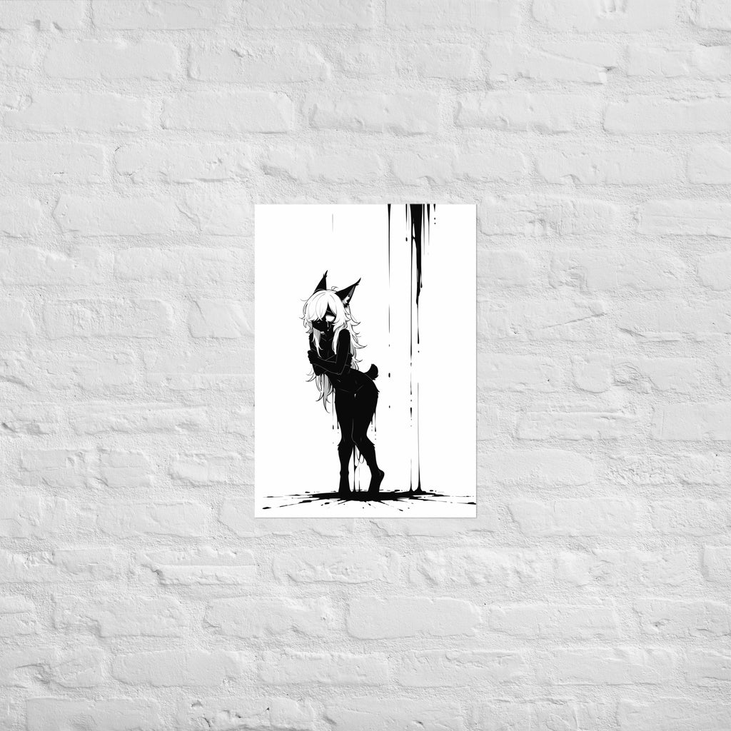 Affiche dark fantasy Lucidia, lynx anthropomorphe noir et blanc, debout bras croisés sous une pluie d'encre – format A2
