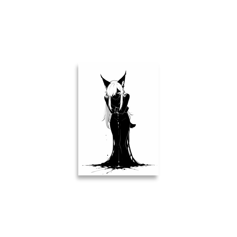 Affiche dark fantasy Lucidia, lynx anthropomorphe noir et blanc, tête baissée bras croisés au-dessus d'une flaque d'encre – format A2