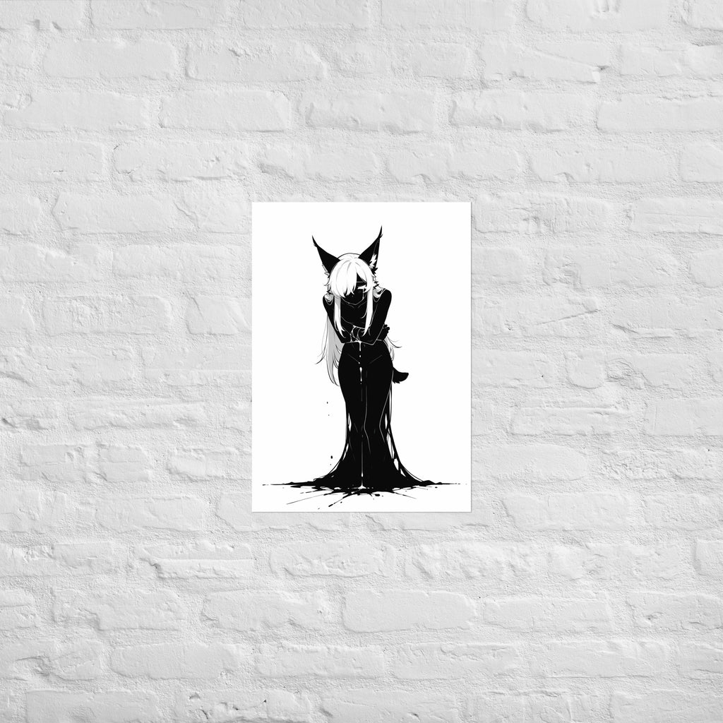 Affiche dark fantasy Lucidia, lynx anthropomorphe noir et blanc, tête baissée bras croisés au-dessus d'une flaque d'encre – format A2