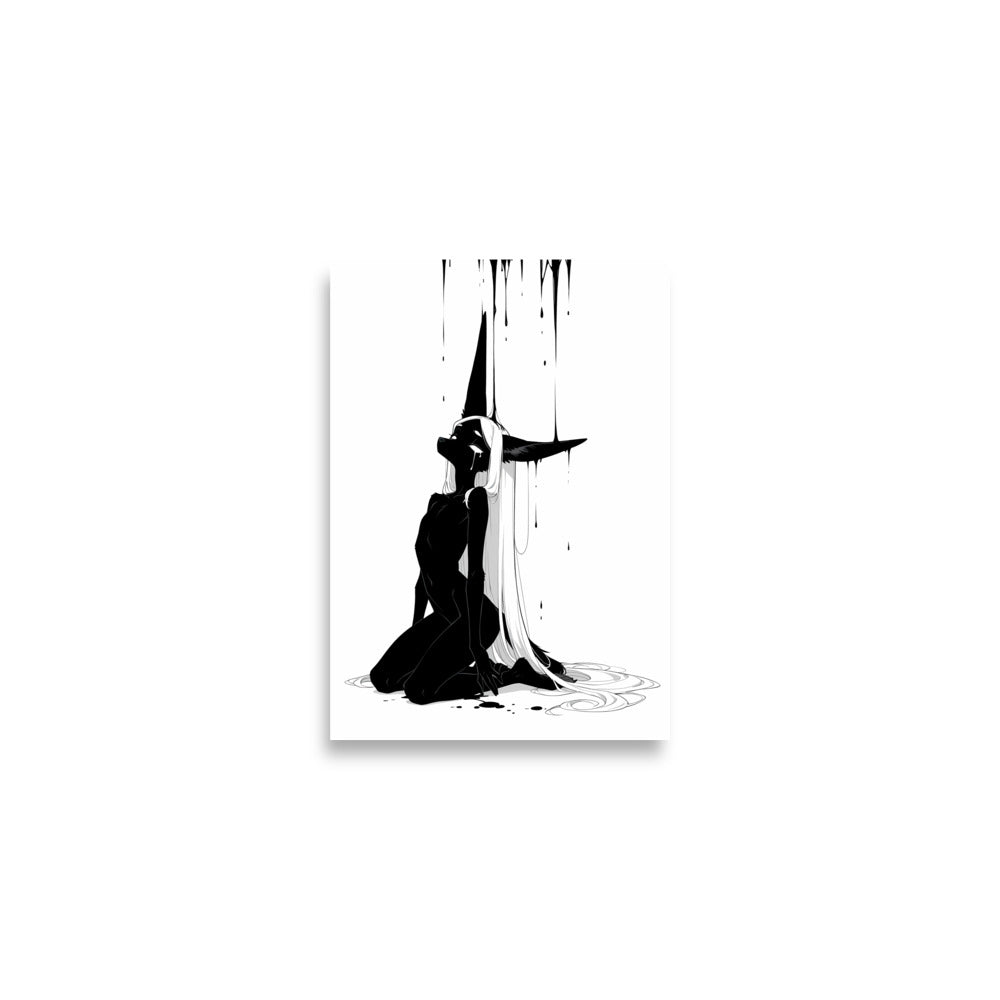 Affiche dark fantasy Limène, chacal anthropomorphe noir et blanc, agenouillée tête renversée sous une pluie d'encre – format A2