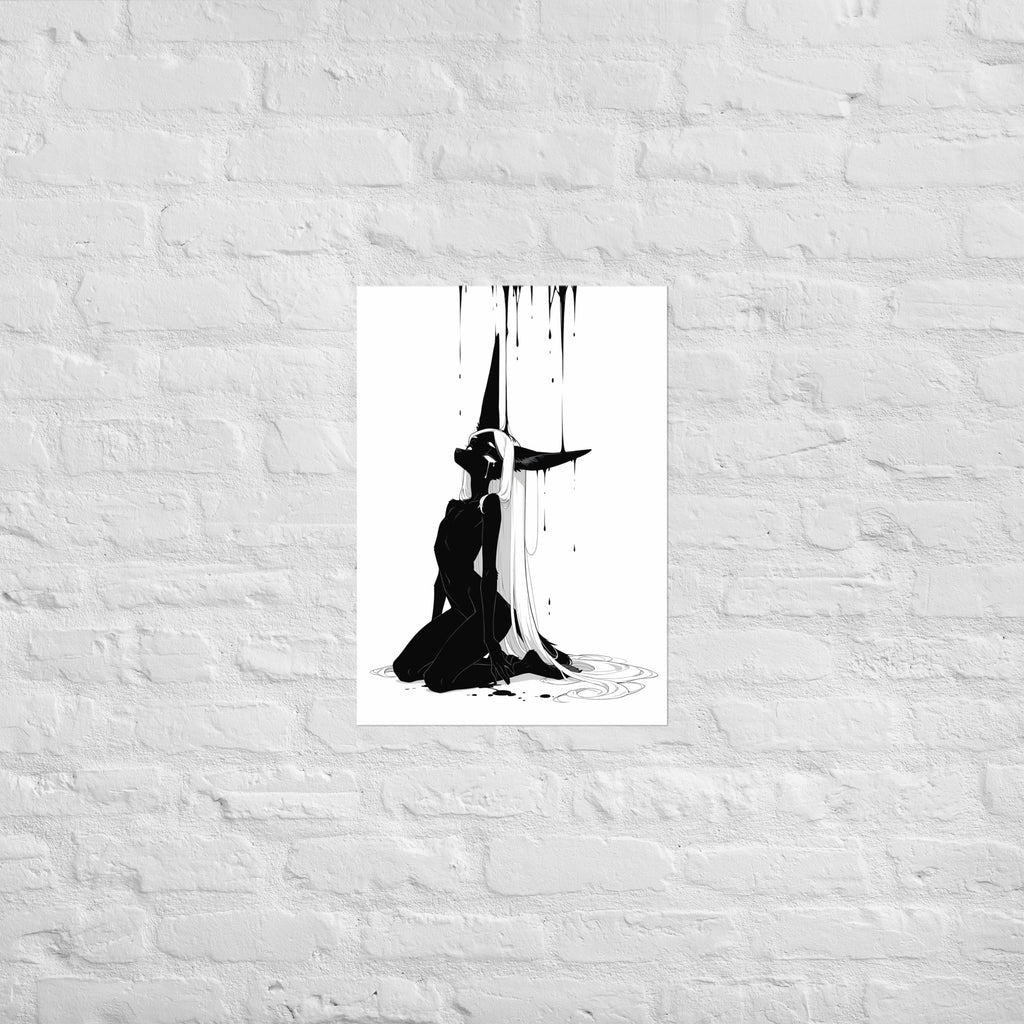 Affiche dark fantasy Limène, chacal anthropomorphe noir et blanc, agenouillée tête renversée sous une pluie d'encre – format A2