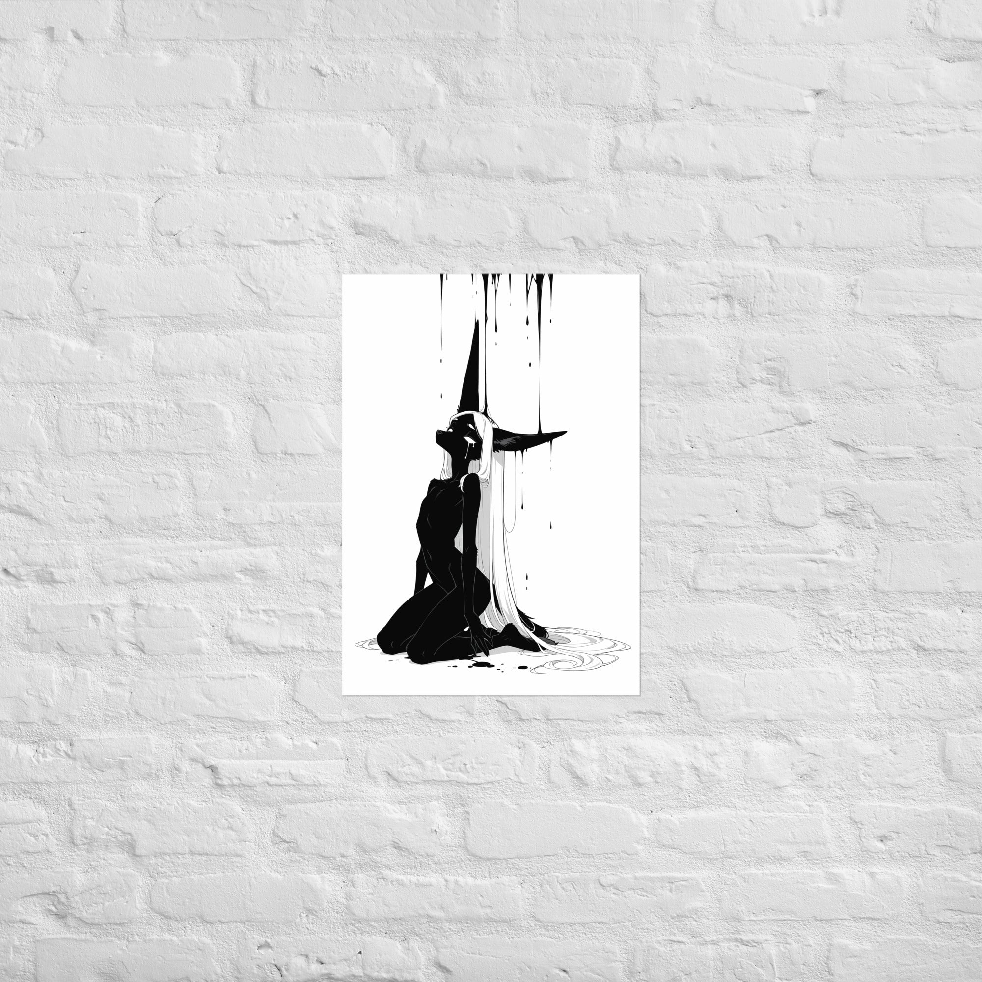 Affiche dark fantasy Limène, chacal anthropomorphe noir et blanc, agenouillée tête renversée sous une pluie d'encre – format A2