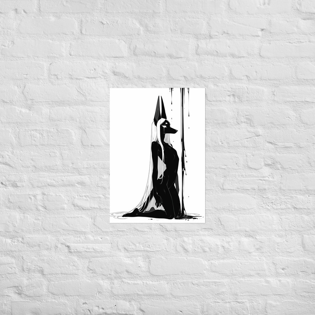 Affiche dark fantasy Limène, chacal anthropomorphe noir et blanc de profil, main tendue vers un rideau d'encre – format A2