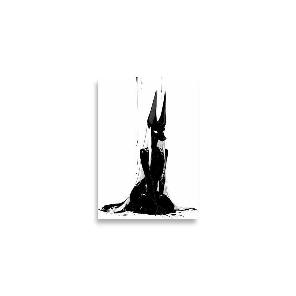 Affiche dark fantasy Limène, chacal anthropomorphe noir et blanc, assise genoux repliés et tête de profil – format A2