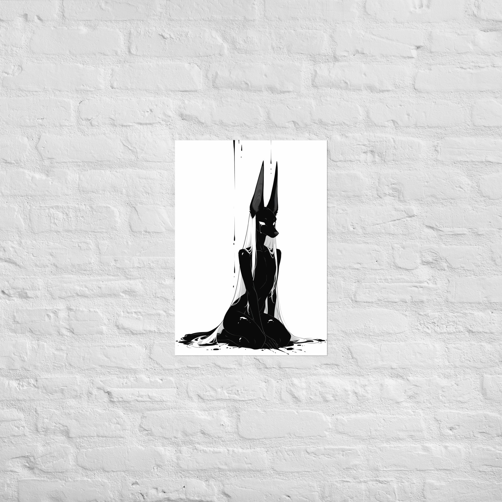 Affiche dark fantasy Limène, chacal anthropomorphe noir et blanc, assise genoux repliés et tête de profil – format A2