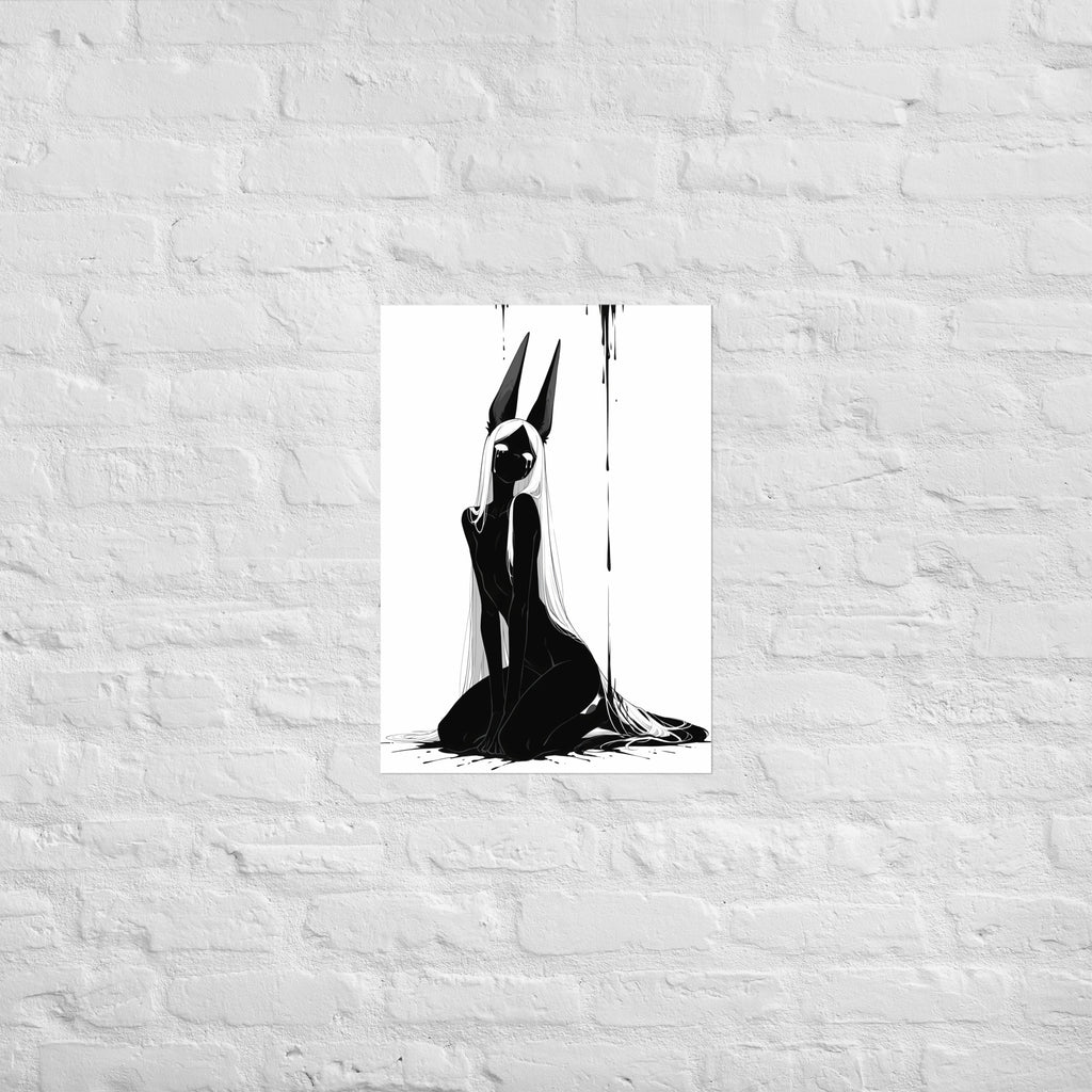 Affiche dark fantasy Limène, chacal anthropomorphe noir et blanc, assise avec deux larmes sur le masque – format A2