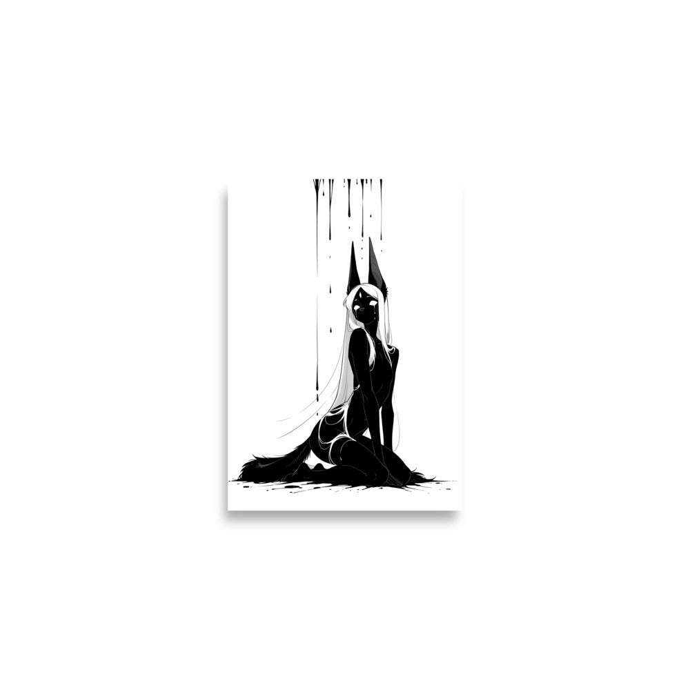 Affiche dark fantasy Limène, chacal anthropomorphe noir et blanc, agenouillée regard par-dessus l'épaule – format A2