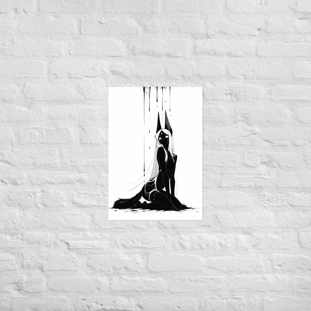 Affiche dark fantasy Limène, chacal anthropomorphe noir et blanc, agenouillée regard par-dessus l'épaule – format A2
