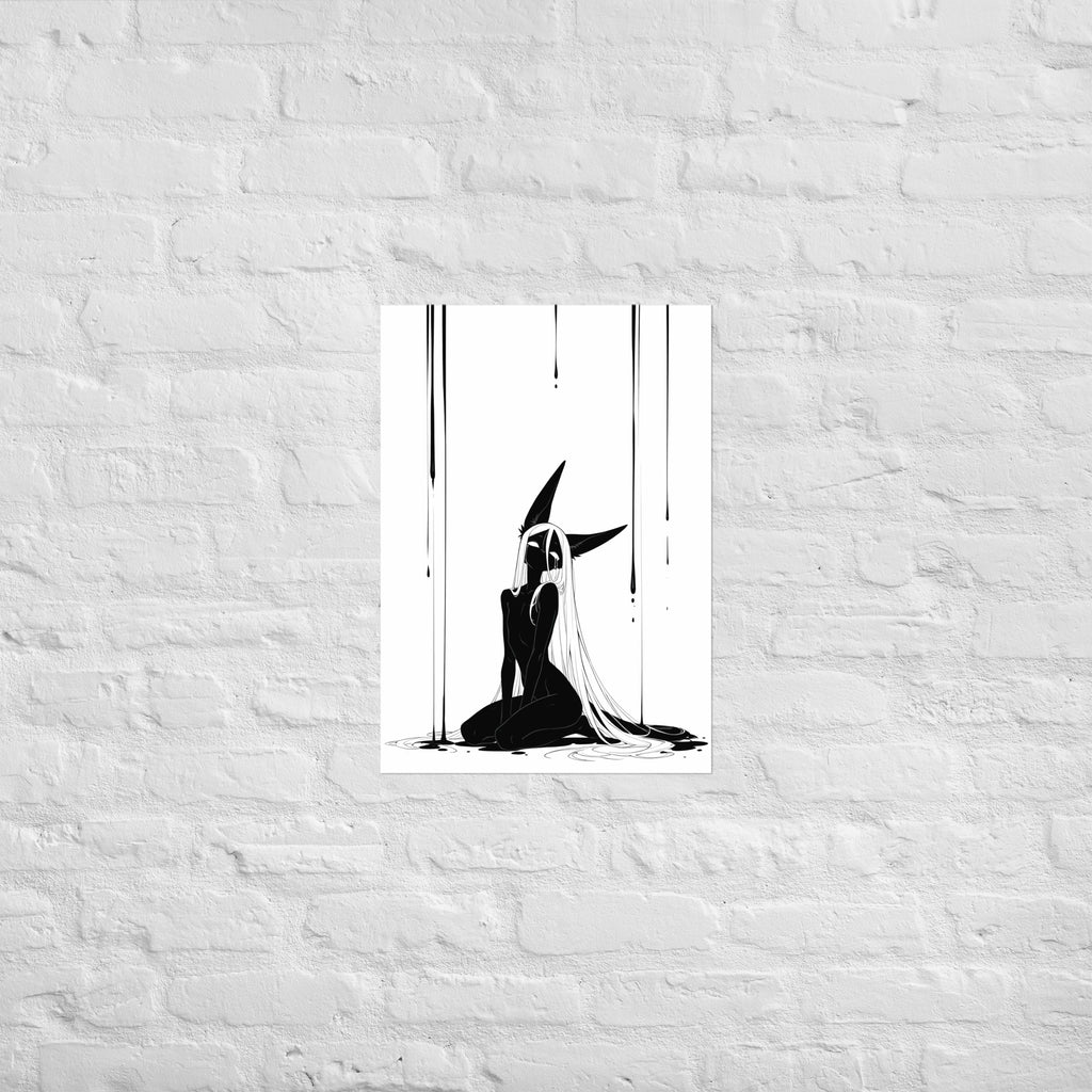 Affiche dark fantasy Limène, chacal anthropomorphe noir et blanc, agenouillée de dos sous des rideaux d'encre – format A2
