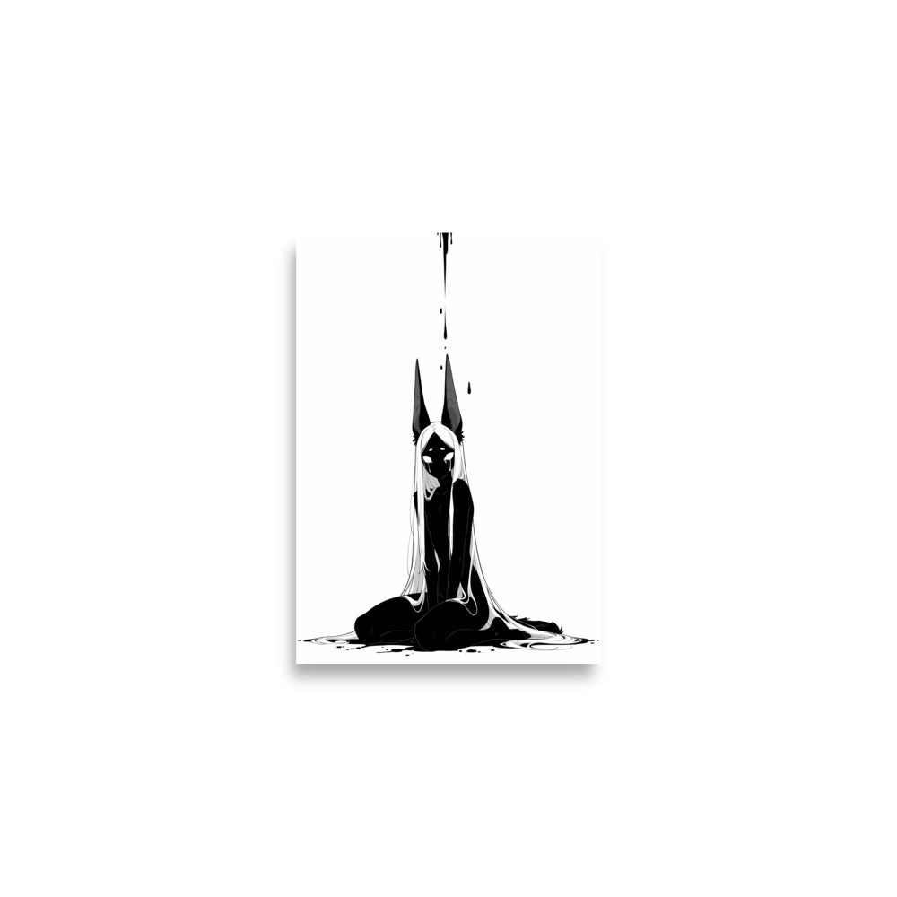 Affiche dark fantasy Limène, chacal anthropomorphe noir et blanc, visage découvert avec deux larmes – format A2