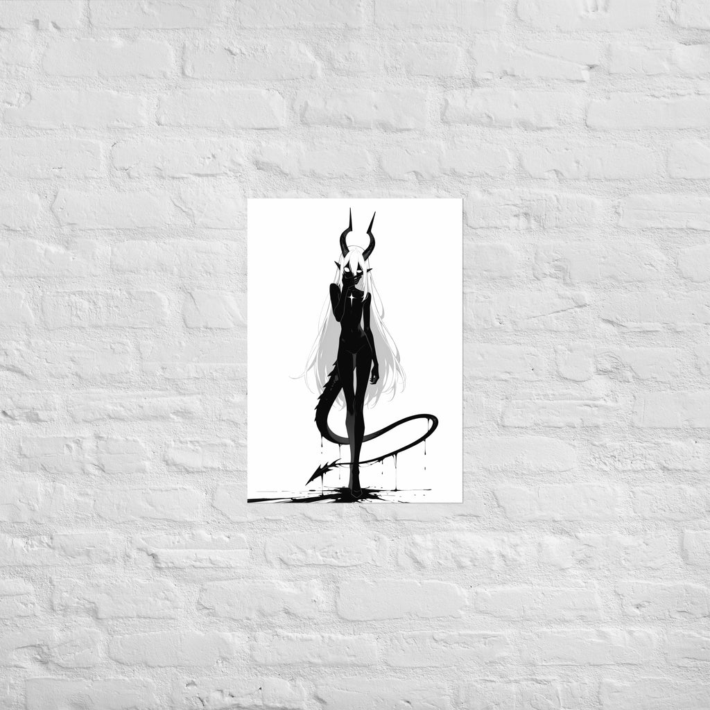 Affiche dark fantasy Vestigia, dragon anthropomorphe noir et blanc, debout avec une étoile sur la poitrine – format A2