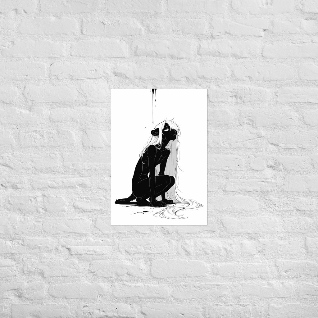 Affiche dark fantasy Ternelle, lionne anthropomorphe noir et blanc de profil accroupie, larme au menton, queue nouée d'un lien, collection Les silences qu'on porte – format A2