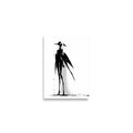 Affiche dark fantasy Attendrie, grue anthropomorphe noir et blanc debout de profil aile tombée le long du corps, larme sous l'œil, pluie d'encre, collection Les silences qu'on porte