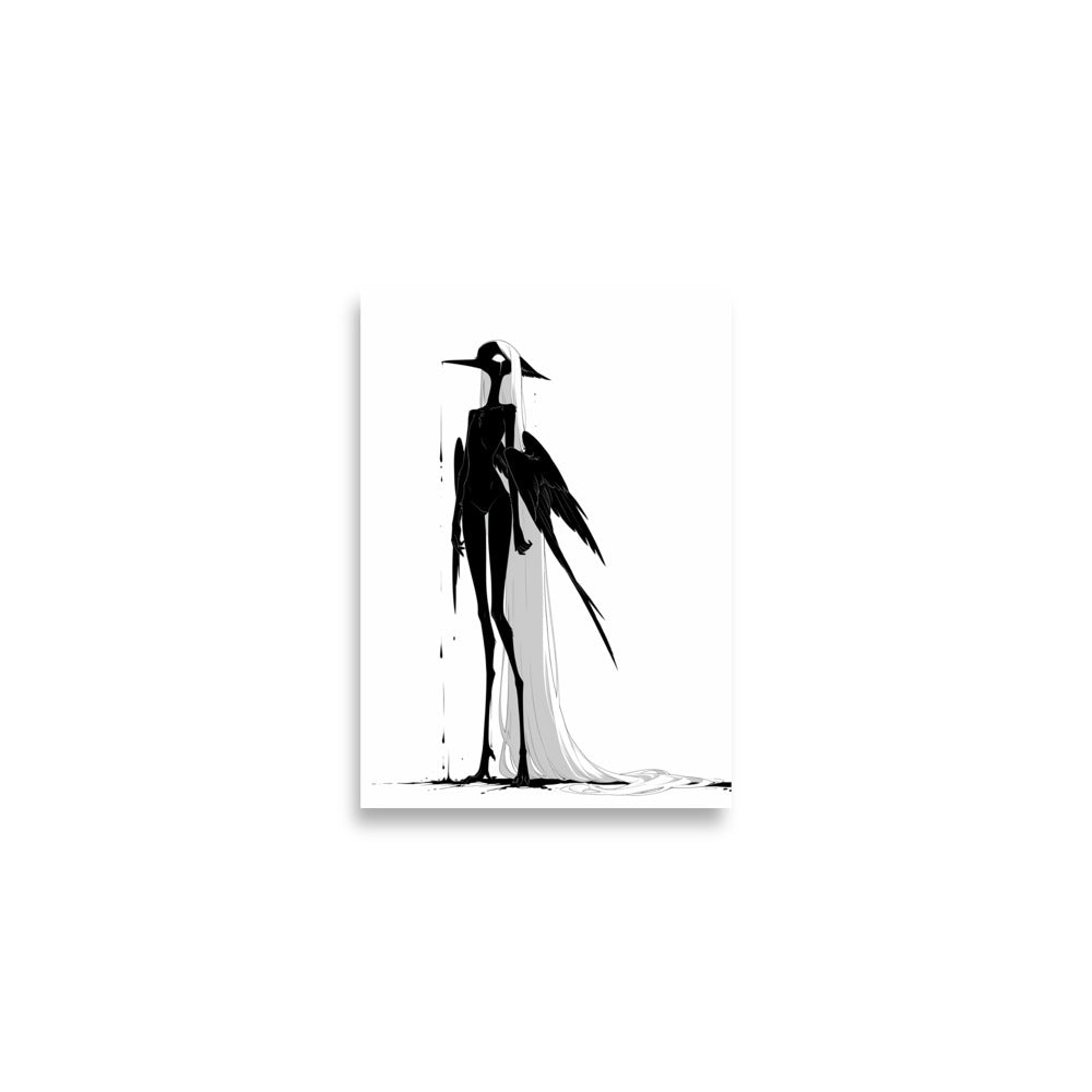 Affiche dark fantasy Attendrie, grue anthropomorphe noir et blanc debout de profil aile tombée le long du corps, larme sous l'œil, pluie d'encre, collection Les silences qu'on porte