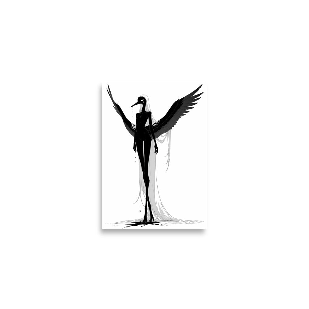 Affiche dark fantasy Attendrie, grue anthropomorphe noir et blanc debout ailes asymétriques déployées en plein élan, encre au bec et aux doigts, collection Les silences qu'on porte