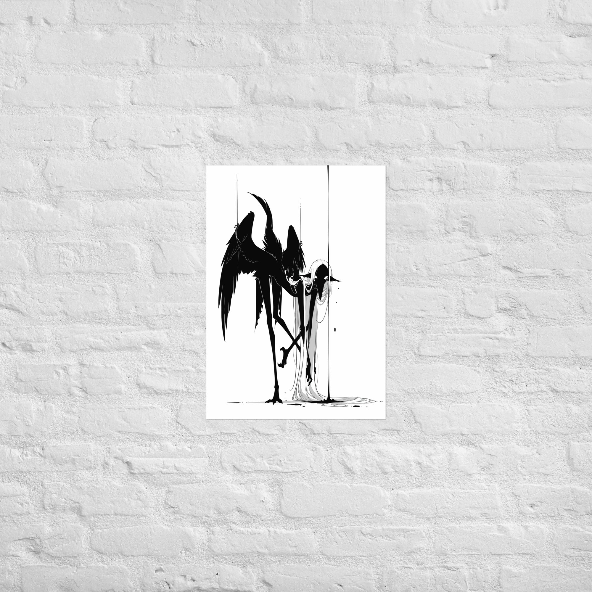 Affiche dark fantasy Attendrie, grue anthropomorphe noir et blanc repliée tête basse jambes croisées, ailes retenues par des fils, collection Les silences qu'on porte – format A2
