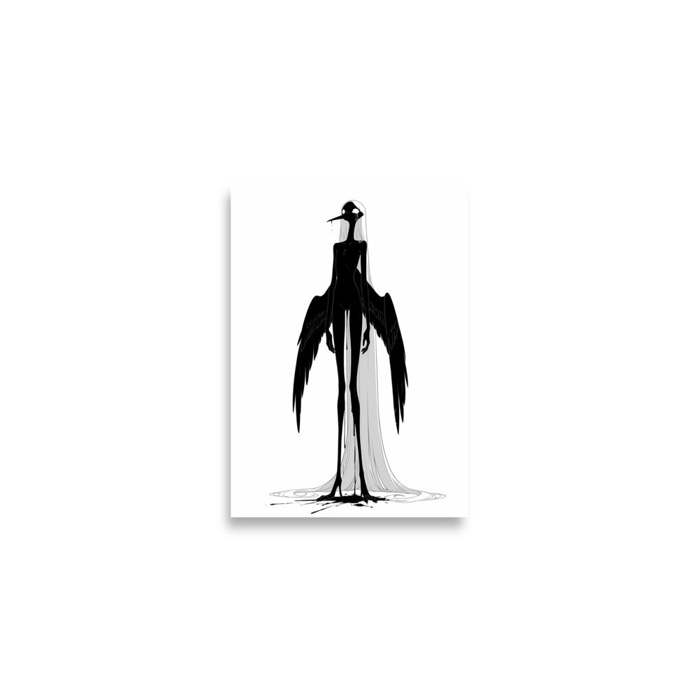 Affiche dark fantasy Attendrie, grue anthropomorphe noir et blanc debout ailes horizontales, encre ruisselant sur toute la silhouette, collection Les silences qu'on porte
