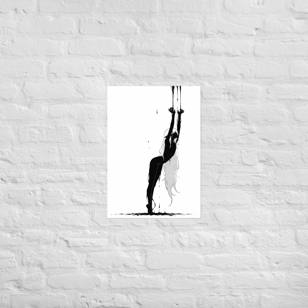 Affiche dark fantasy Abyssia, pieuvre anthropomorphe noir et blanc dressée sur la pointe des pieds, bras tendus vers deux fils d'encre, collection Les silences qu'on porte – format A2