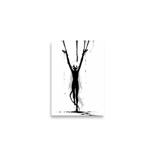 Affiche dark fantasy Abyssia, pieuvre anthropomorphe noir et blanc suspendue par plusieurs fils d'encre, larmes visibles, chevilles croisées, collection Les silences qu'on porte