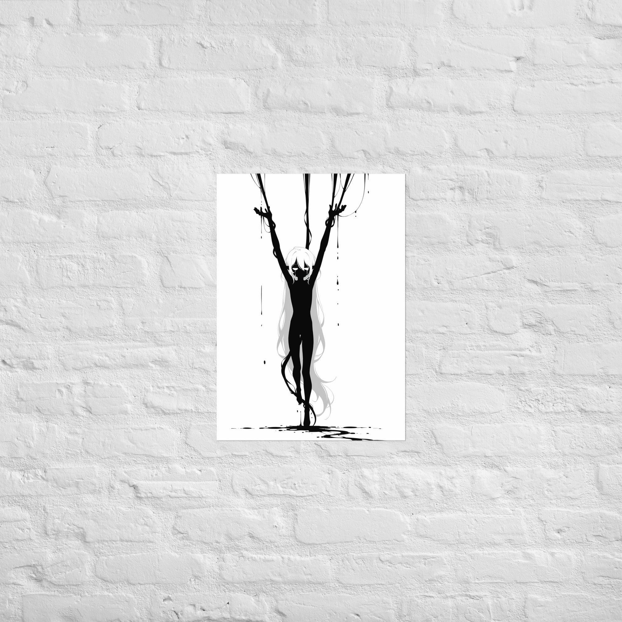 Affiche dark fantasy Abyssia, pieuvre anthropomorphe noir et blanc suspendue par plusieurs fils d'encre, larmes visibles, chevilles croisées, collection Les silences qu'on porte – format A2
