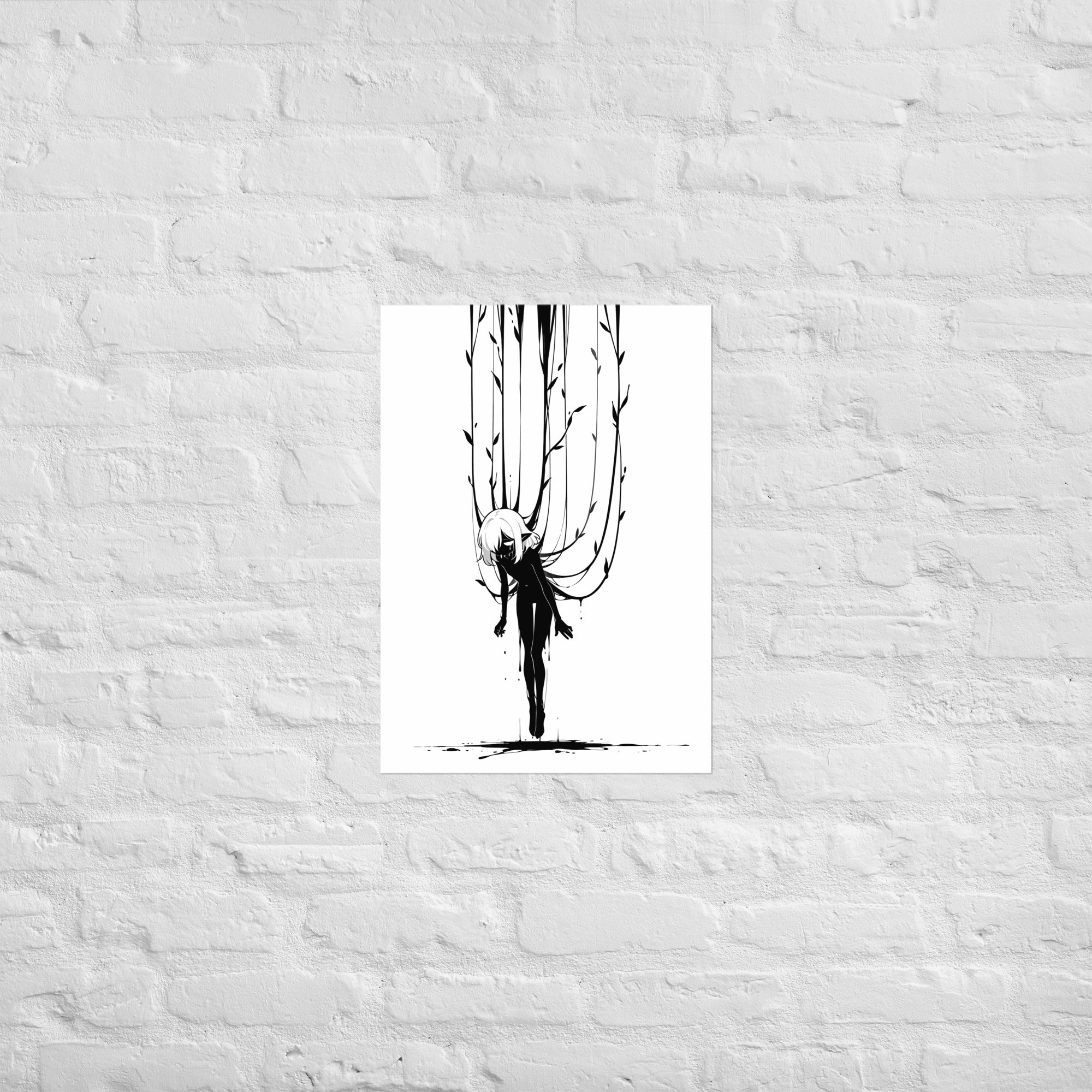 Affiche dark fantasy Abyssia, pieuvre anthropomorphe noir et blanc suspendue tête basse sous une multitude de lianes, cheveux courts, collection Les silences qu'on porte – format A2