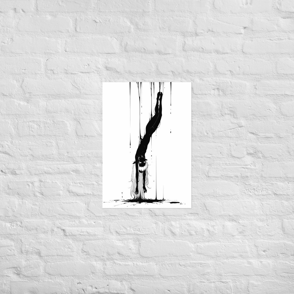Affiche dark fantasy Abyssia, pieuvre anthropomorphe noir et blanc plongeant tête la première en diagonale, pieds pointés vers le haut, regard grand ouvert, collection Les silences qu'on porte – format A2