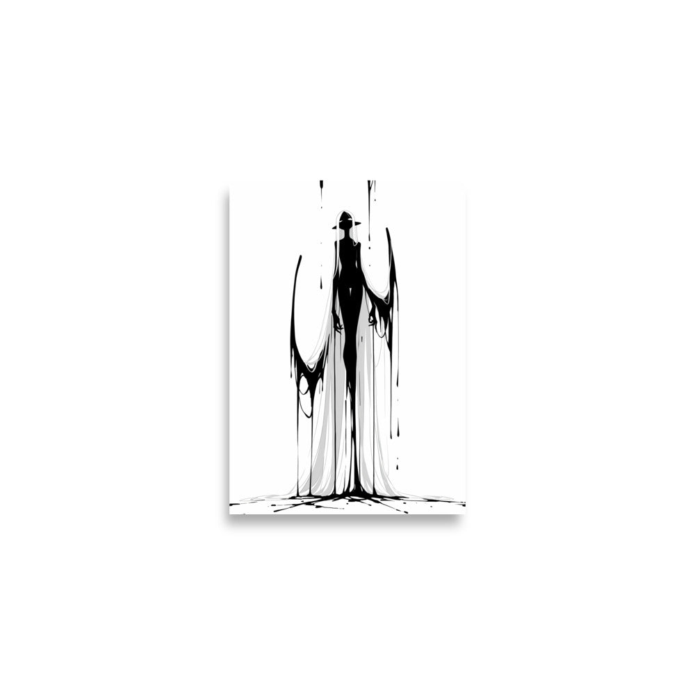 Affiche dark fantasy Adieva, cygne anthropomorphe noir et blanc debout tenant deux rubans d'encre en boucles dans les mains, long voile blanc, collection Les silences qu'on porte