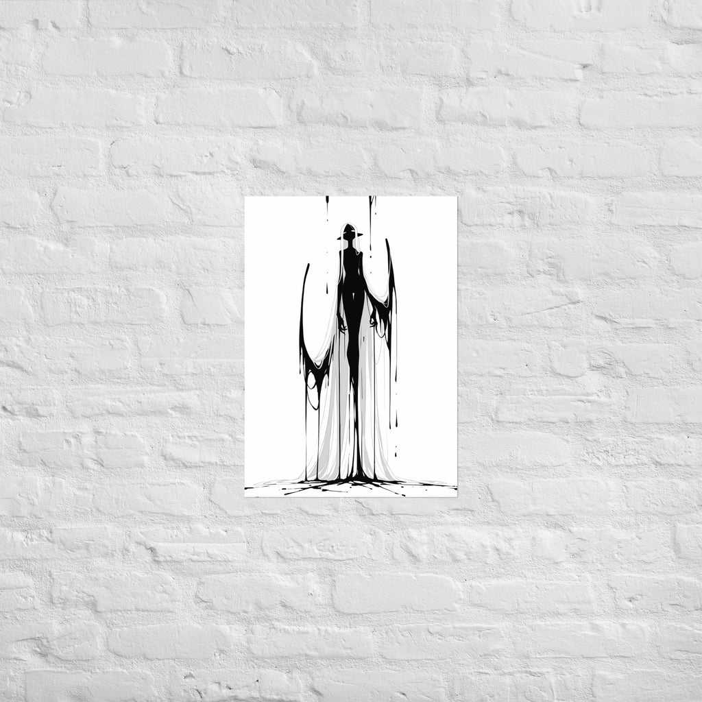 Affiche dark fantasy Adieva, cygne anthropomorphe noir et blanc debout tenant deux rubans d'encre en boucles dans les mains, long voile blanc, collection Les silences qu'on porte – format A2