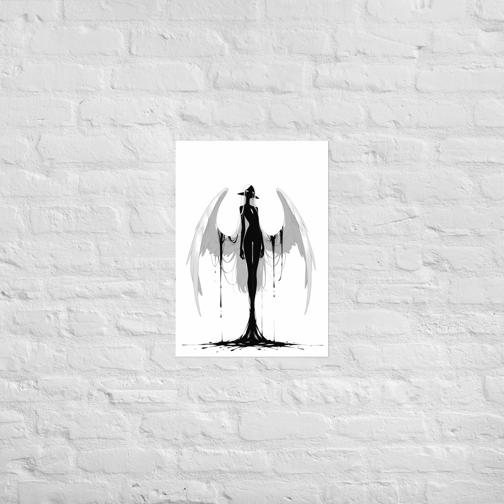 Affiche dark fantasy Adieva, cygne anthropomorphe noir et blanc debout ailes pâles déployées, encre s'échappant à la jointure des ailes, collection Les silences qu'on porte – format A2