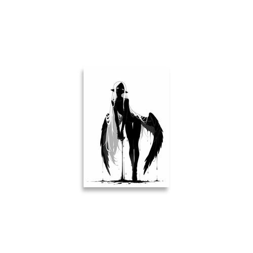 Affiche dark fantasy Adieva, cygne anthropomorphe noir et blanc en plein pas jambe croisée, ailes noires retombant largement, encre au bout de la main, collection Les silences qu'on porte