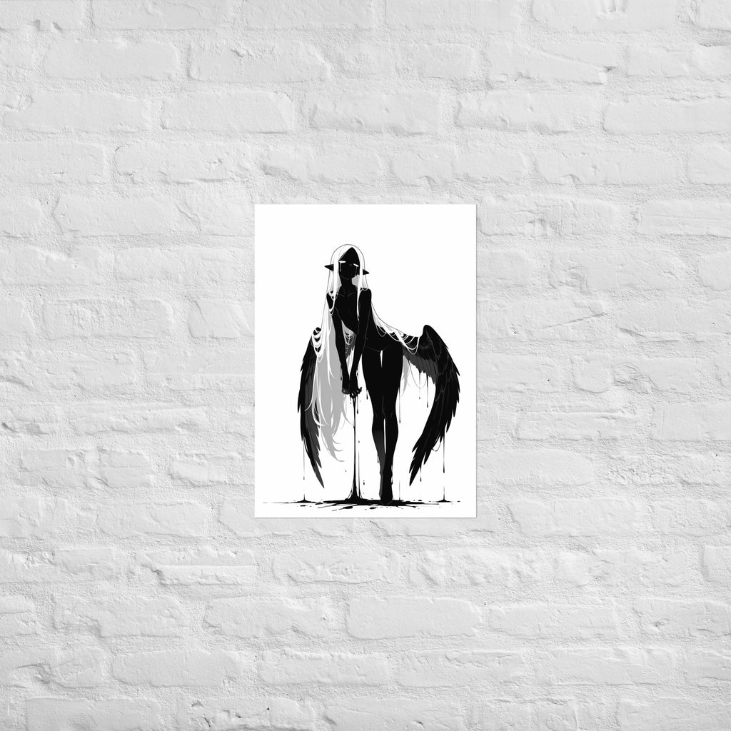 Affiche dark fantasy Adieva, cygne anthropomorphe noir et blanc en plein pas jambe croisée, ailes noires retombant largement, encre au bout de la main, collection Les silences qu'on porte – format A2