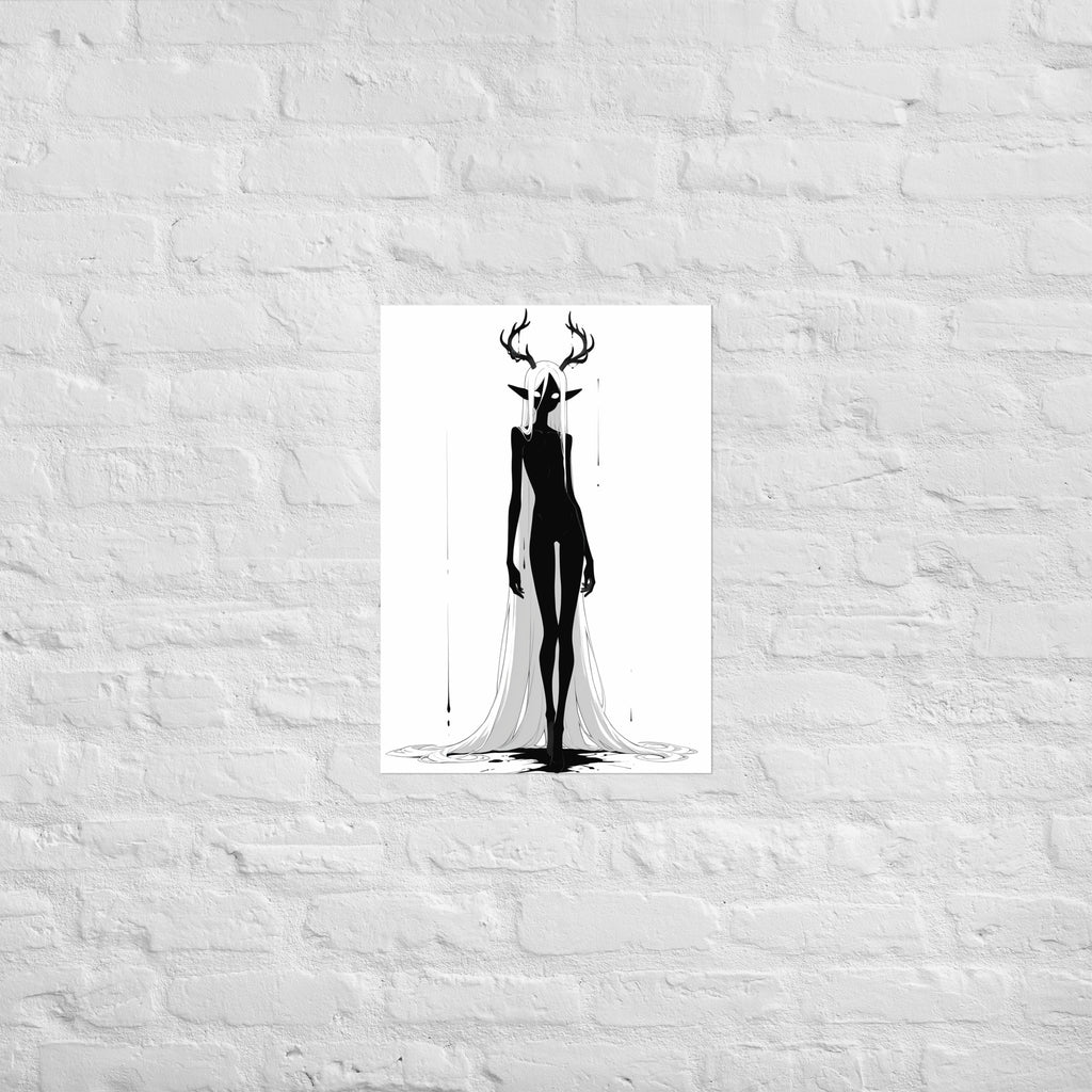 Affiche dark fantasy Doléa, biche anthropomorphe noir et blanc jambes étroitement croisées, bois presque taris, pluie d'encre lointaine, collection Les silences qu'on porte – format A1