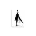 Affiche dark fantasy Tairie, corbeau anthropomorphe noir et blanc debout une unique plume sur la tête, une aile dégoulinante, filet d'encre central, collection Les silences qu'on porte